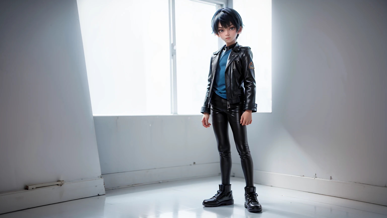 full body straight standing pose boy, 12yo student, Front Full body, blue side style hair, wearing leather style dress, white background, simple white background