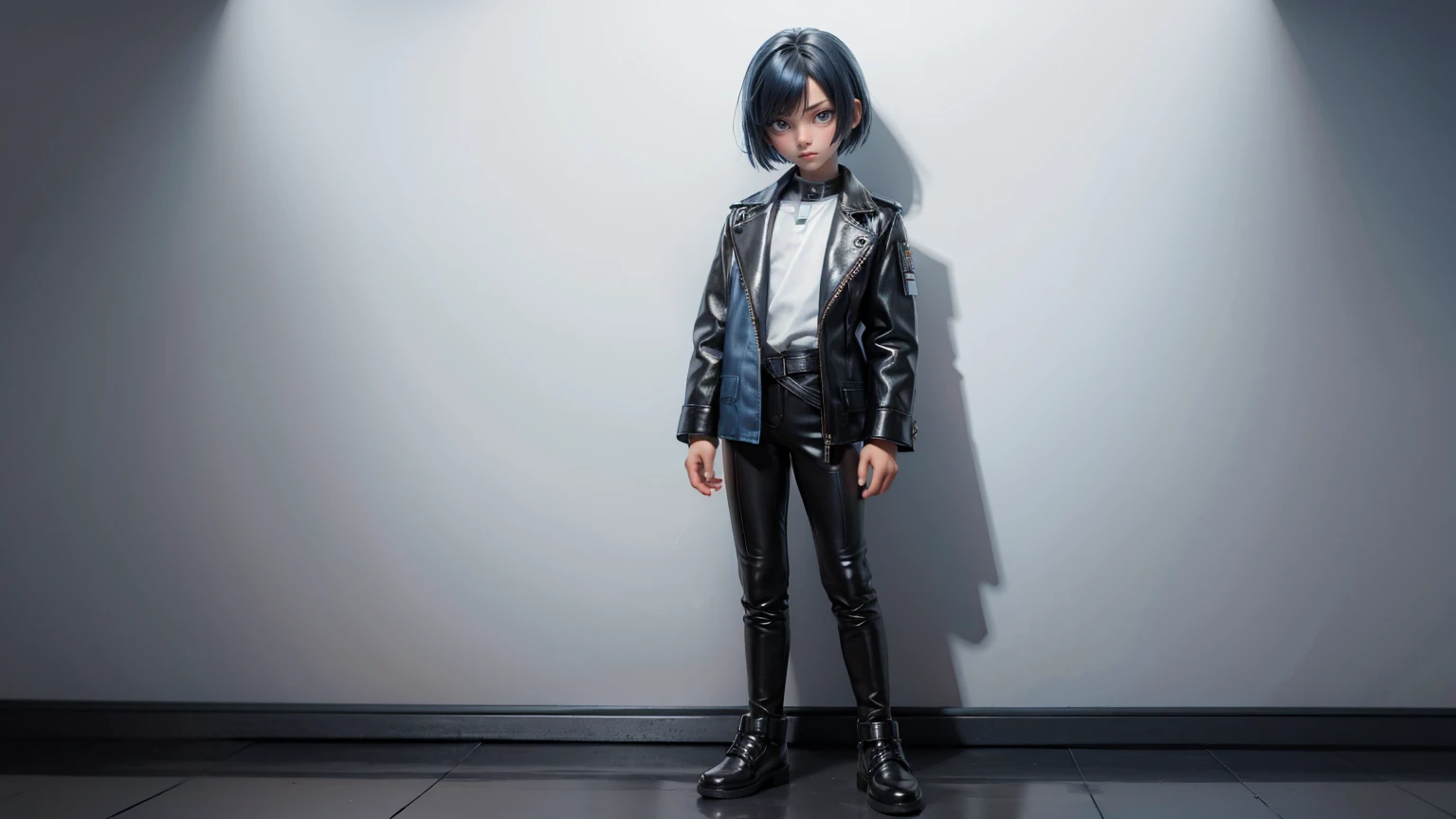 full body straight standing pose boy, 12yo student, Front Full body, blue side style hair, wearing leather style dress, white background, simple white background