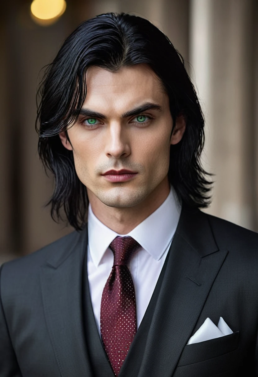 30 years old man. slightly long black hair, a subtle fringe falling across the forehead, bluish green eyes with golden dots, thin face, thin, slightly red lips, dark and brooding expression wearing an entirely black suit, burgundy tie, Vampire appearance, he is the Ceo, virility, European man, BUSINESSMAN, sensual sexy man, Very beauthful, face without mustache or beard, it needs to be perfect and wonderful, white male