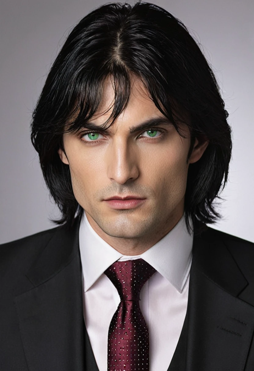 30 years old man. slightly long black hair, a subtle fringe falling across the forehead, bluish green eyes with golden dots, thin face, thin, slightly red lips, dark and brooding expression wearing an entirely black suit, burgundy tie, Vampire appearance, he is the Ceo, virility, European man, BUSINESSMAN, sensual sexy man, Very beauthful, face without mustache or beard, it needs to be perfect and wonderful, white male 