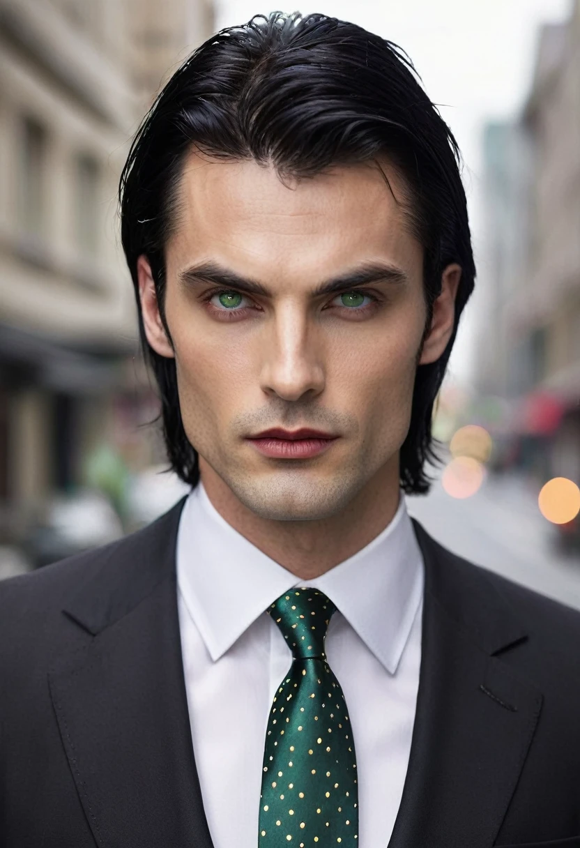 30 years old man. slightly long black hair, a subtle fringe falling across the forehead, bluish green eyes with golden dots, thin face, thin, slightly red lips, dark and brooding expression wearing an entirely black suit, burgundy tie, Vampire appearance, he is the Ceo, virility, European man, BUSINESSMAN, sensual sexy man, Very beauthful, face without mustache or beard, it needs to be perfect and wonderful, white male