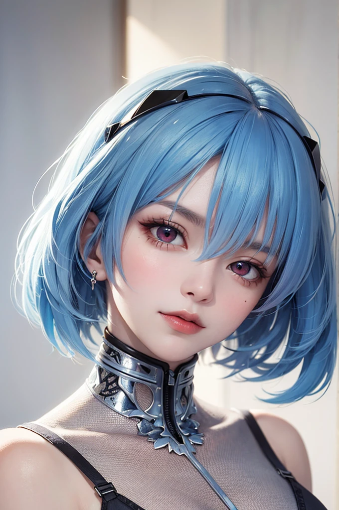 Masterpiece, Best Quality, 8K, Detailed Skin Texture, Detailed Cloth Texture, Beautiful Detail Face, Intricate Detail, Ultra Detailed, Portrait of Rei Ayanami, Blue Hair, Red Eyes, Head Tilt, No Background