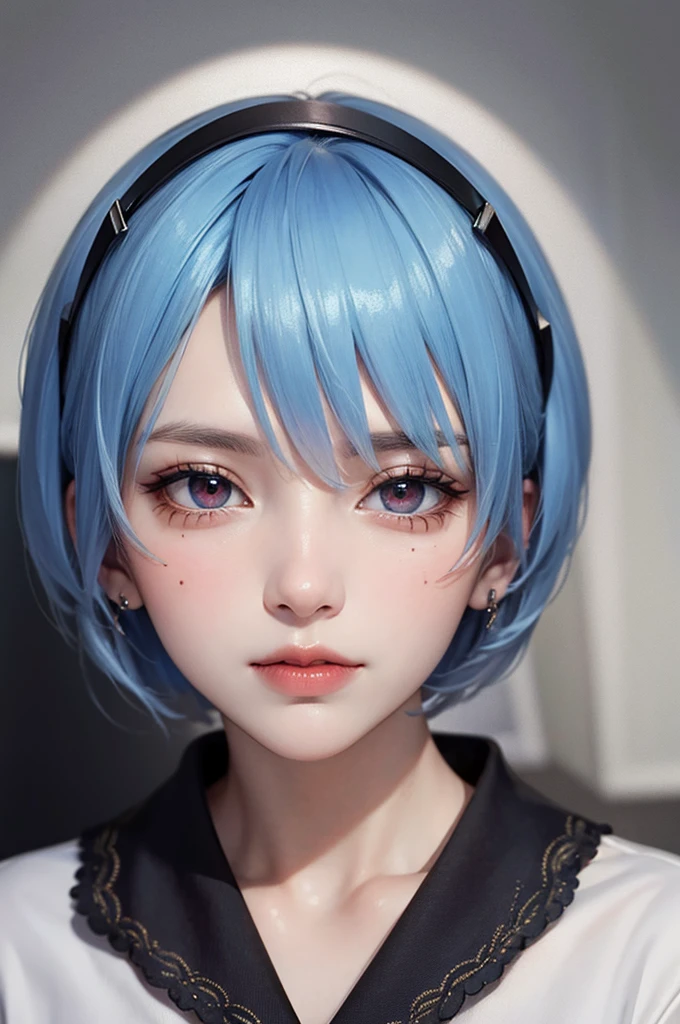 Masterpiece, Best Quality, 8K, Detailed Skin Texture, Detailed Cloth Texture, Beautiful Detail Face, Intricate Detail, Ultra Detailed, Portrait of Rei Ayanami, Blue Hair, Red Eyes, Head Tilt, No Background