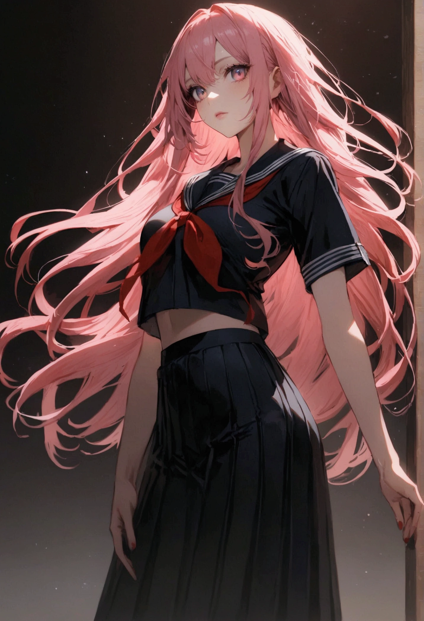 Highest quality , Pink Hair , Hair length is semi-long , Japanese Sailor Suit , Eye color: Red , beautiful girl , whole body 