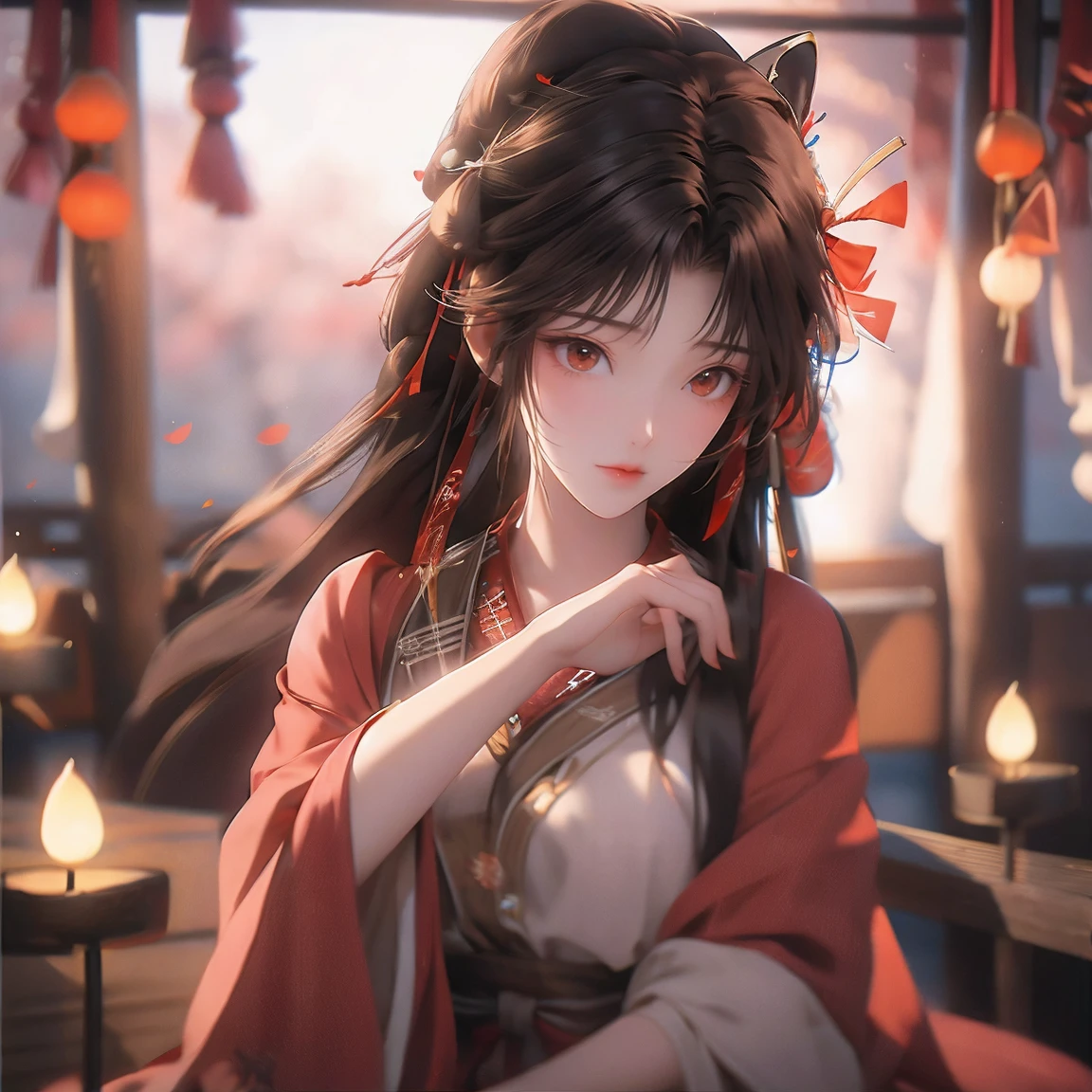 hair bow, girl, brown hair, long hair, orange eyes, mature, Shy, heart