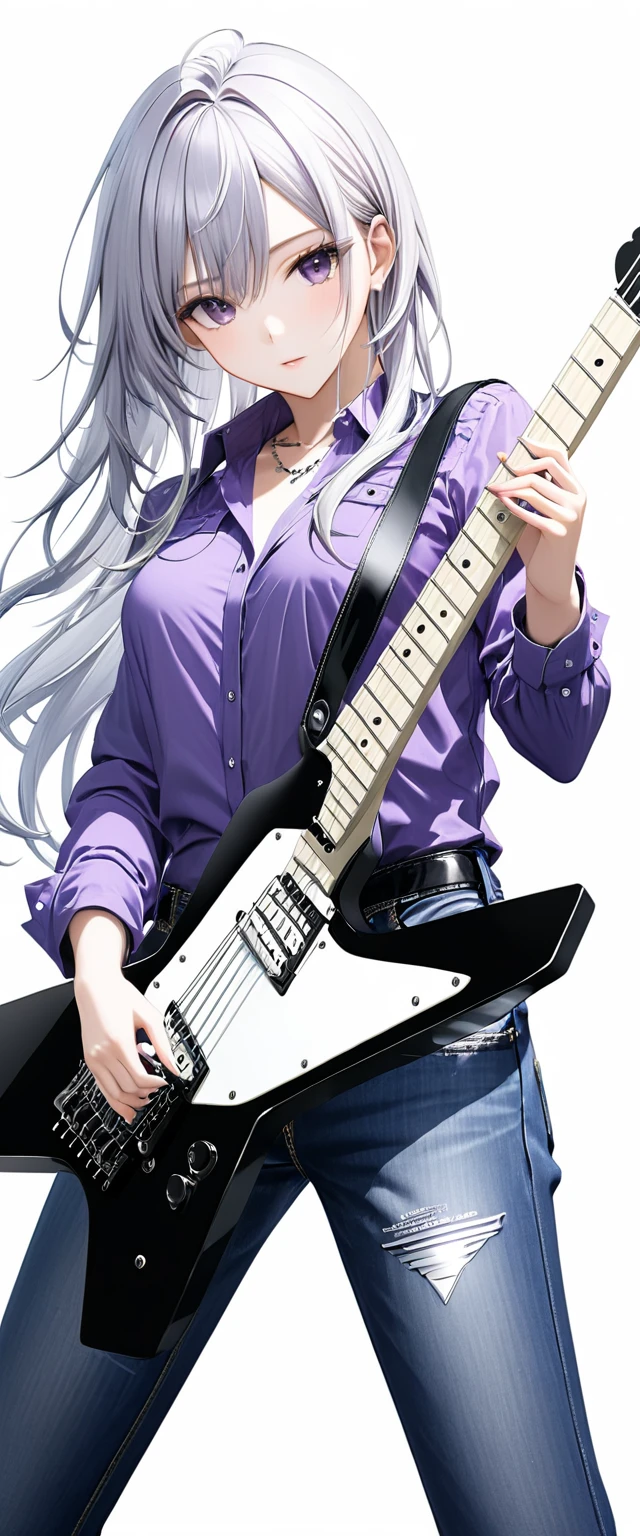 (((White background:1.5)))、(very wide shot)、(masterpiece、Ultra HD、Highest quality、Masterpiece、4K:1.2)、Slender body、Scandinavian metal girl playing a white electric guitar, A gentle gaze at the camera, Intricate details, Highly detailed eyes, Highly detailed fingers、(Purple shirt and jeans) 、Long silver hair、Wear black boots、(((Dynamic and lively pose:1.5)))、Perfect Style、8Head to Body、Playing guitar on stage、Live