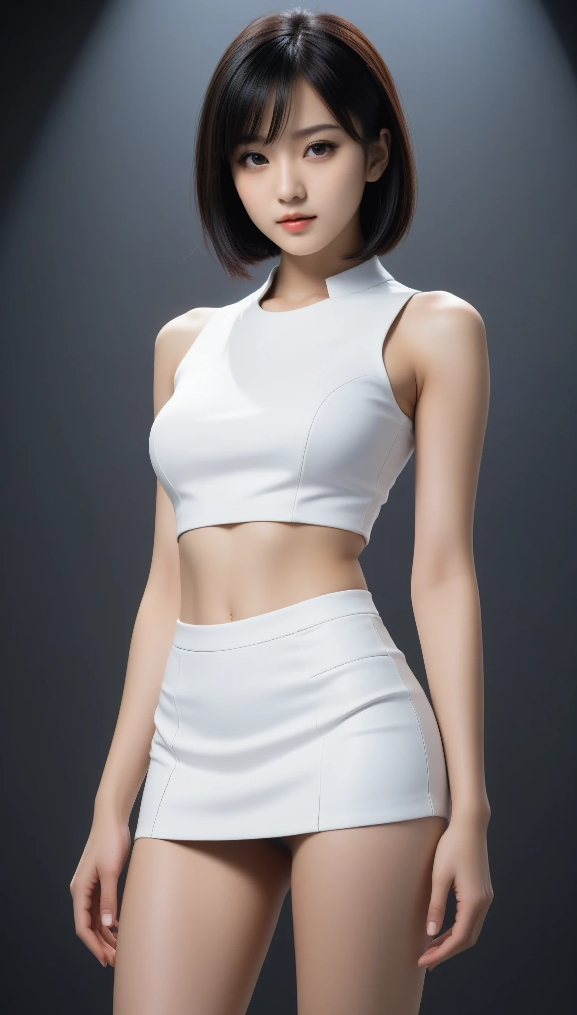 8k, Ultra-high resolution, Highest quality, masterpiece, 三分割法によるphotograph,Surreal, photograph, 1 Girl, (:1.3), pretty girl, Cute Face, Beautiful eyes in every detail, 細かくdetailedに,masterpiece,One Girl:1.2, Japan Female Announcer,whole body,from above,furious,Black Hair,Bob with bangs,Cyber city in sci-fi world,((Cyber Church)), (((Future Bridal Attire))), Pencil Skirt、Clothing with slits, skinny,Girl alone,Beautiful leg line beauty,Realistic Skin, Perfect and beautiful face ,完璧でCute Face, Skin with attention to detail, Perfect limbs、Narrow waist、Thin legs),Looking at the audience、beauty,Long neck、(((Ideal body type))),A cup small breasts :2,Portraiture:2,Perfect Anatomy,鮮明なdetailed,detailed,Surreal,Light and shadow,darkness