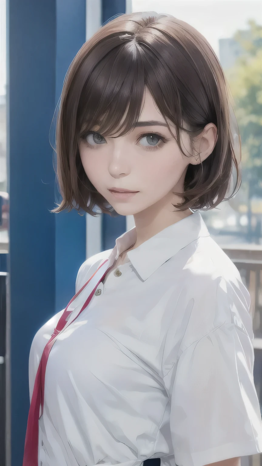 portrait of a beautiful woman,alone,20-year-old,Beautiful Face,Upper Body,Great style,Hair on one eye,Short Sidecut, Brown Hair, Sharp focus,Black nurse clothes