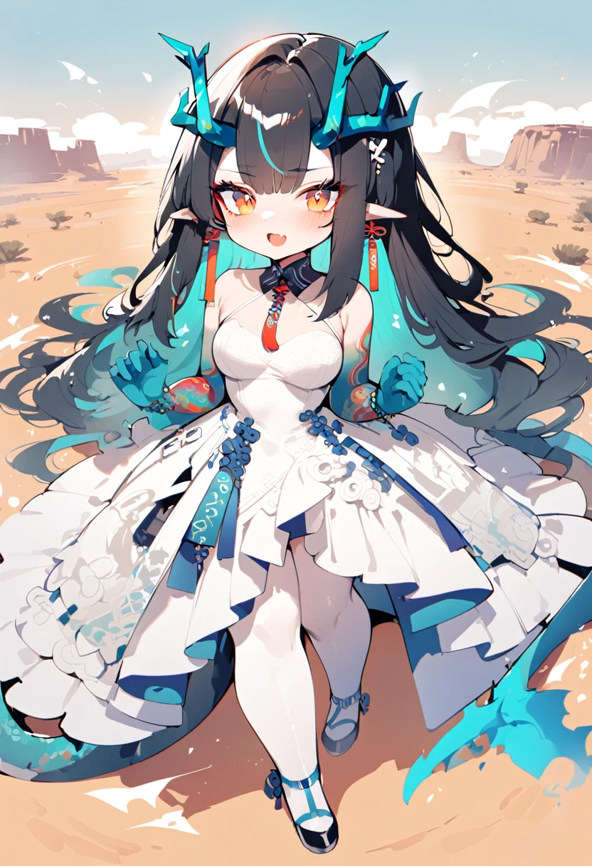 1girl, dusk \(arknights\), arknights,(masterpiece, best quality), newest, ,Wedding dress , original outfit, , by nyantcha, black hair, horns, by omone hokoma agm, dragon tail , orange eyes, desert , happy , open mouth