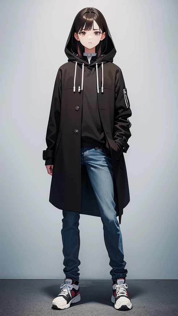 man, 20 years, full length, White background. Dark brown hair with gray. Brown eyes. Slightly hoarse voice. Facial expression is thoughtful or emotional. Black knee-length coat with hood, jeans, sneakers