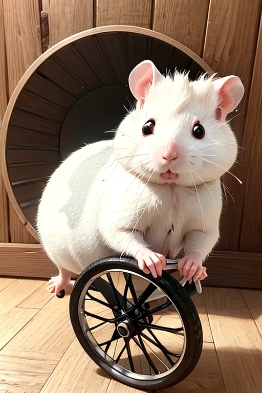 Macro shot of a female (((white hamster))), running around in her little wheel with enthusiasm, her bright black eyes full of joy, very cute little animal,