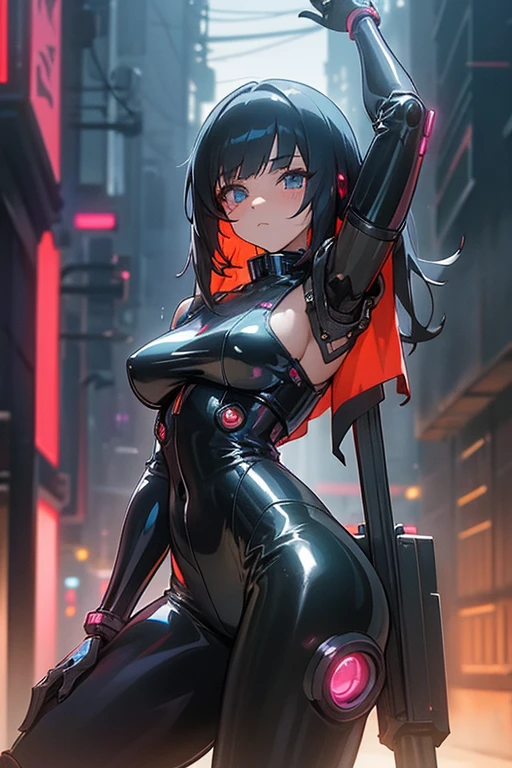 anime girl in black latex posing on the street, girl in latex, cute cyborg girl, cyberpunk anime girl mech, perfect anime woman, female cyberpunk anime girl, anime cyberpunk art, oppai cyberpunk, wearing latex, biomechanical oppai, digital cyberpunk anime art, black shiny latex, visible armpits