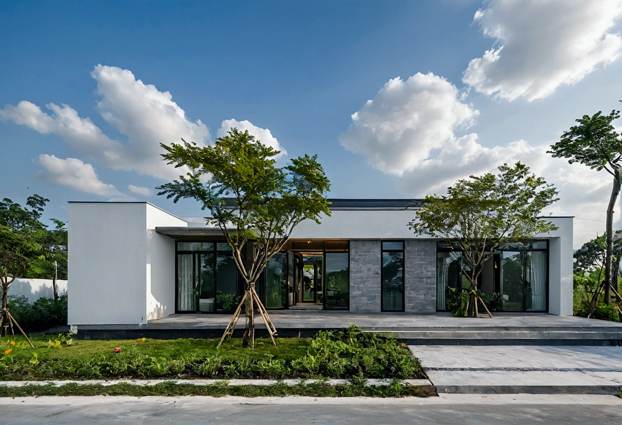 CRU photo,work of art, high qualiy, best qualityer, authentic, super detaill, plein-air, front-facing, single storey villaXL, aiai group, modern house style on the street, front house, visão front-facing, white wall road, pavement, gram, Trees, sky, nube, (Day Light:1.1)