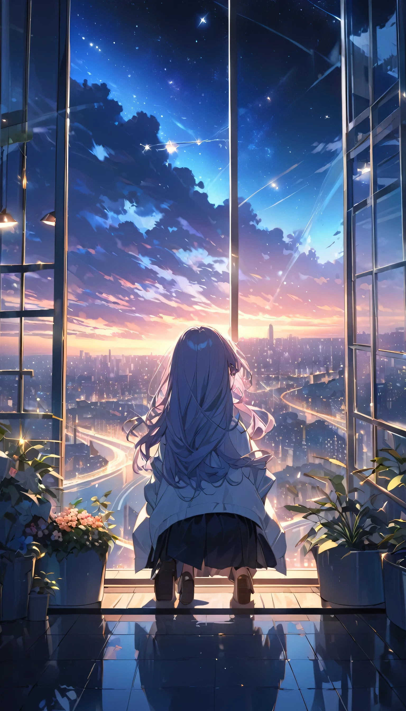 With her long hair fluttering in the wind、Back view of a girl sitting on the edge of a building、Back view of a man looking at the cityscape at dusk。the sky is pink、purple、A beautiful gradation of blue hues.、Clouds are scattered and shining。In the center of the sky、There is a shining star that emits light、Rays of light spread out in all directions。The city below is lit up with countless lights、building、street、You can see the complex intertwining of the rivers.。The girl is sitting with her back turned、Wearing a white jacket and a black skirt。In the foreground, small flowers and plants are visible.、Natural elements are added。Paintings inspired by Makoto Shinkai, Beautiful anime scenery、ultra-realistic, Anime movie background, Pixiv Topics、Her hair is fluttering in the wind、The cityscape includes buildings and streets.、It includes a river、Illuminated by the night lights、Light radiates from a shining star in the center.、Scenery is the main thing