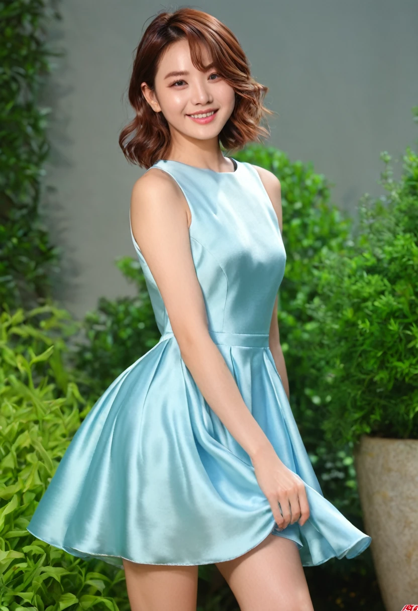 (8k、RAW Photos、Highest quality、Masterpiece: 1.2)Highest quality, masterpiece, 超High resolutionHigh resolution、Tabletop, Highest quality, shape, Very detailed, finely, High resolution, 8k wallpaper, 完璧なダイナミックな構shape、22 year old pretty girl、Beautiful face in every detail、Detailed cute eyes、Slightly parted lips、Short wavy brown hair、sexy shot looking at camera、garden、(Wearing a light blue satin dress:1.3),A shy smile,Sexy pose,Beautiful legs、Full body image,like々A beautiful smile