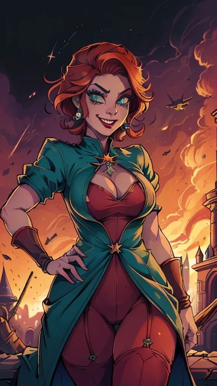 (Dominican: Caribbean:1girl: MadameMeduse,Supervillain), (extremely detailed CG unit 8k wallpaper),(master part), (best quality), (ultra detali), (best illustration),(melhor ombre), cowboy shot, (Sharp eyeliner, ombre, detailedeyes:1), Disney Castle background, ,break , (star15escola:1.2), hair ornament,short hair,red hair, Cameltoe,green eyes, red dress, jewelry, makeup, eyeshadow, lipstick, evil smile
