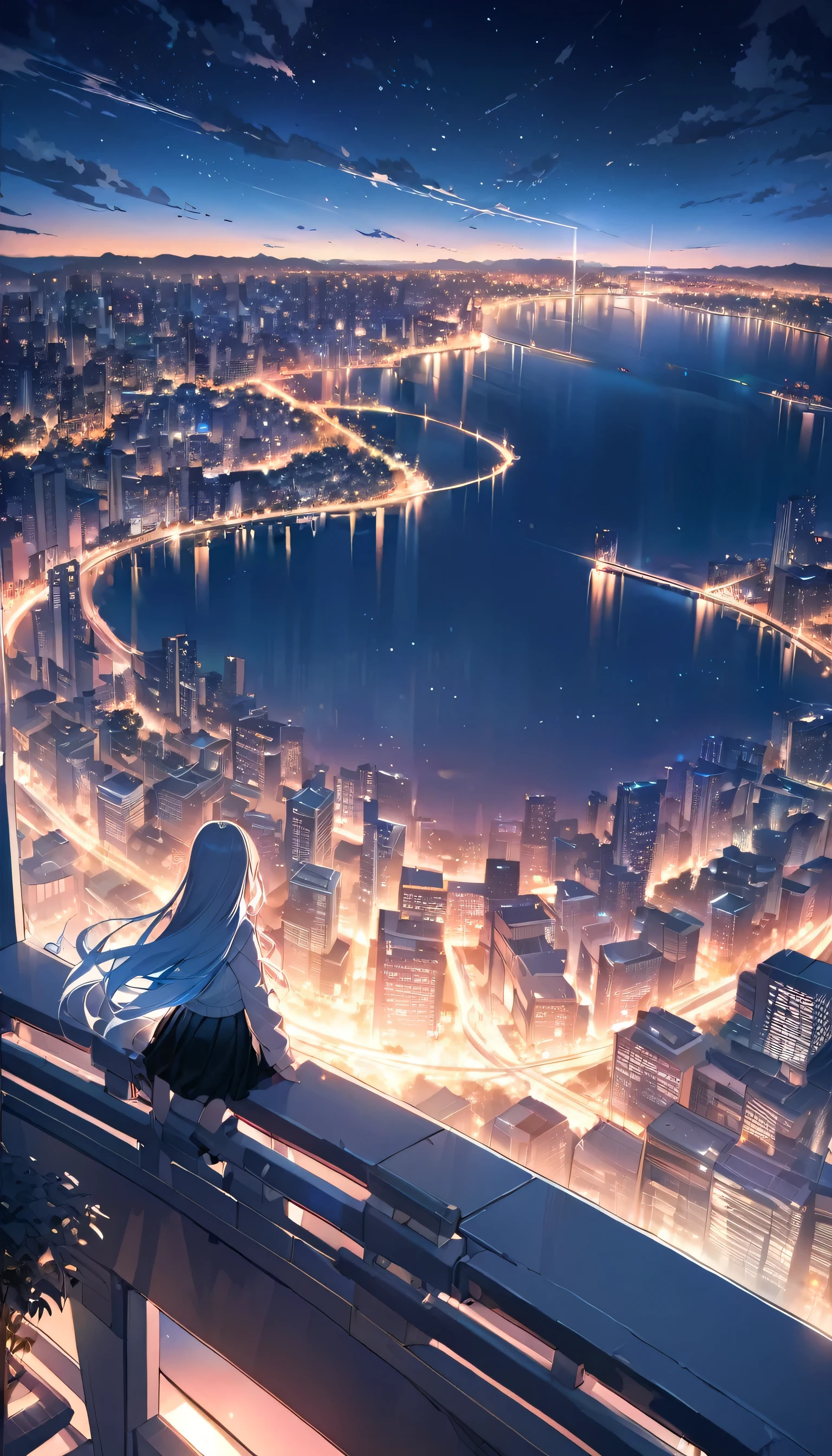 With her long hair fluttering in the wind、Back view of a girl sitting on the edge of a building、Back view of a man looking at the cityscape at dusk。the sky is pink、purple、A beautiful gradation of blue hues.、Clouds are scattered and shining。In the center of the sky、There is a shining star that emits light、Rays of light spread out in all directions。The city below is lit up with countless lights、building、street、You can see the complex intertwining of the rivers.。The girl is sitting with her back turned、Wearing a white jacket and a black skirt。In the foreground, small flowers and plants are visible.、Natural elements are added。Paintings inspired by Makoto Shinkai, Beautiful anime scenery、ultra-realistic, Anime movie background, Pixiv Topics、Her hair is fluttering in the wind、The cityscape includes buildings and streets.、It includes a river、Illuminated by the night lights、Light radiates from a shining star in the center.、Scenery is the main thing