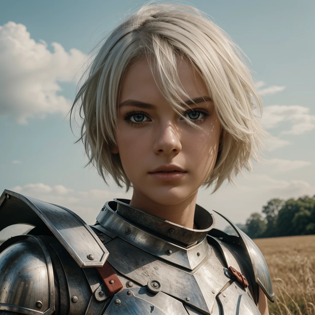 masterpiece , a girl, in a field, ( lite white short hair:1.2), (red eyes:1.2), (Crausader:1.2), (looks at the viewer:1.2) , (8k, best quality 1.2), ultra-detailed, 8k uhd, soft lighting, high quality, film grain, beautiful lighting, cinematic ,perfect body , best illumination, best shadow, sharpness, contrast, red glasses, messy hair, , absurdres high detailed face, steel armour, great sword