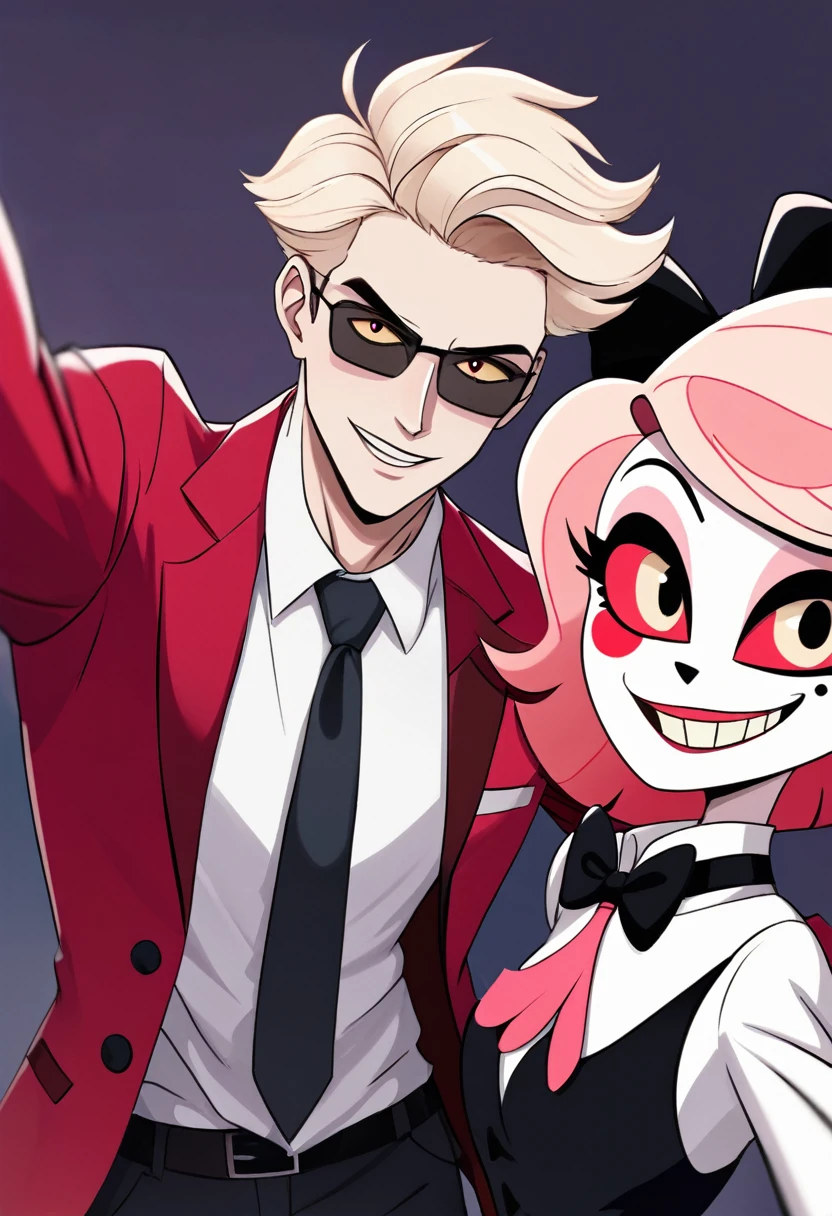 Anime boy taking a selfie at Hazbin Hotel , Medium Hair, Wearing a red suit,tie,Buzz Bin Hotel style illustration,Only one man