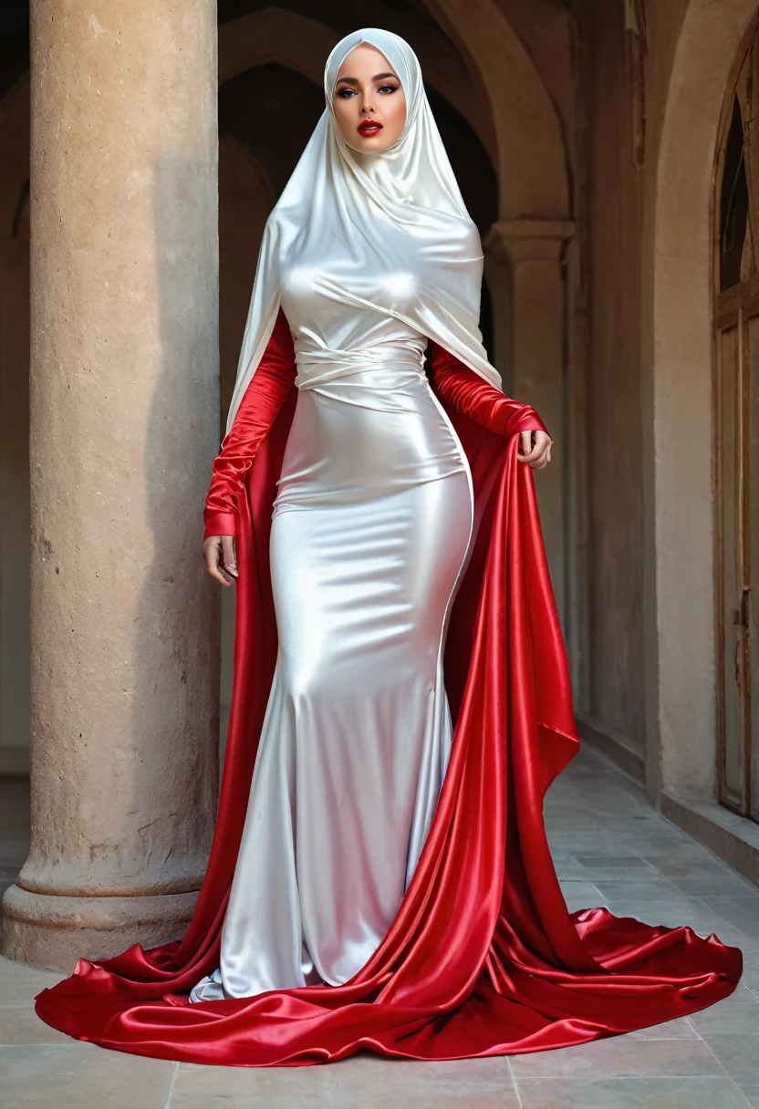 a sexy a woman covered in large red satin cloth, tied tightly with the satin cloth, mummified, the satin hanging down very long, a mermaid style dress, wearing a satin hijab, the satin cloth is very long, forming the curve of the body, dramatic long satin train, full body pose, masterpice, 4k resolution, ultra-realistic, highly detail.