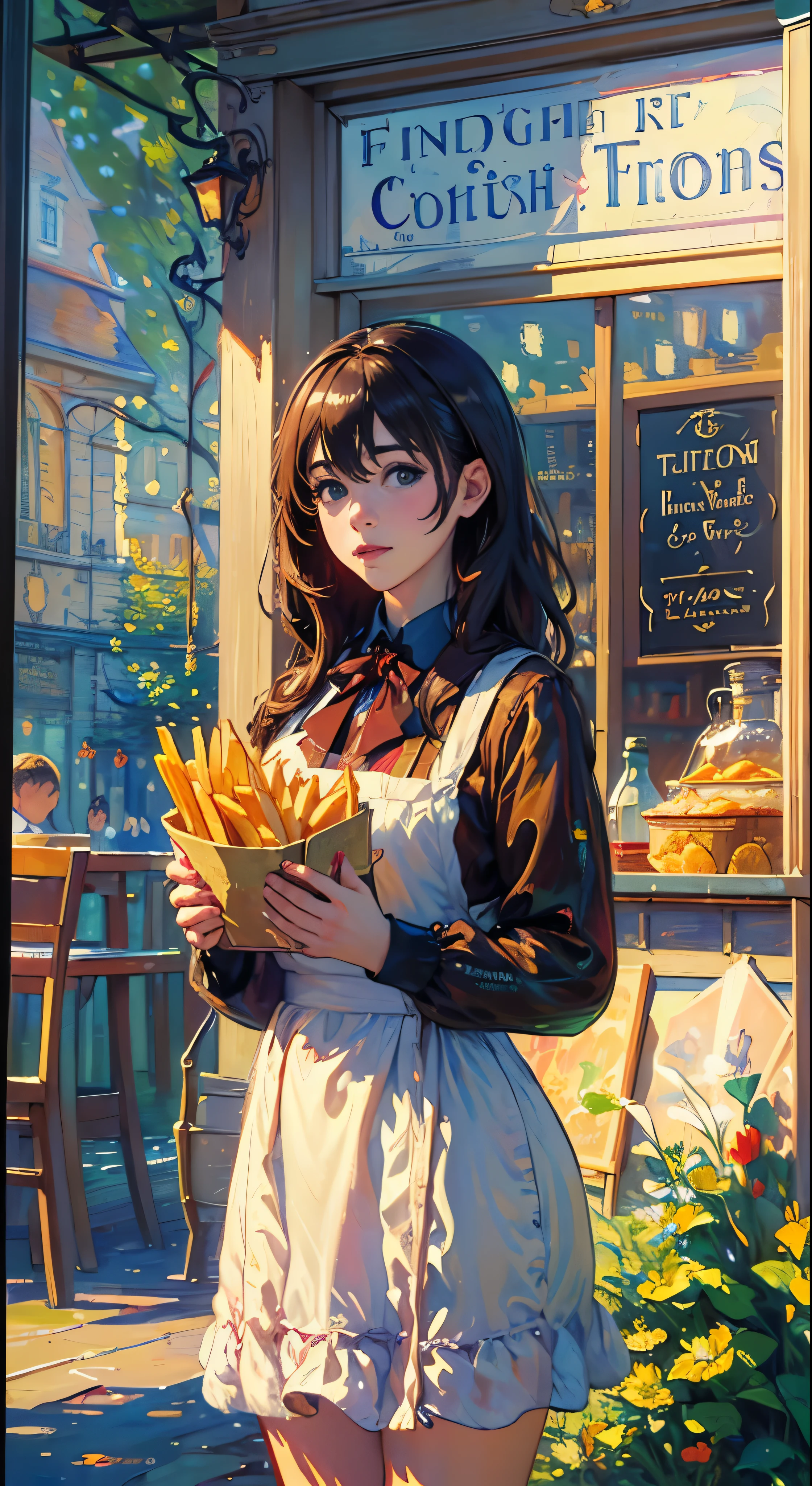 [(transparent background: 1.5)::5],(((masterpiece))),(((best quality))),(((extremely detailed))),illustration, mysterious,vivid color, shiny , (impressionism: 1.4), Pret A Manger, French Fries, Family Barrel, Fish and Chips, (snack bar), (food stand), london, harry potter, Harry Potter, wizarding world, eatery, cuisine, food service, typography, type design, magical style, mystical font, 