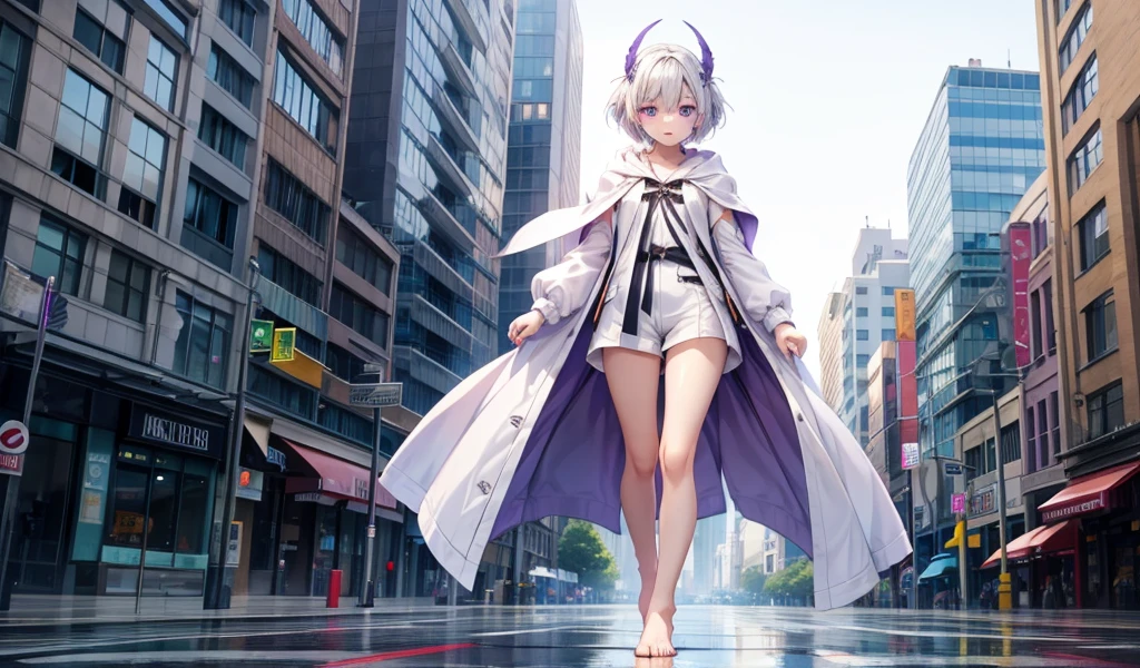Girl with white short hair and double braids，Purple Eyes，hood，White robe，small shorts，Bare Legs，barefoot，Standing，City