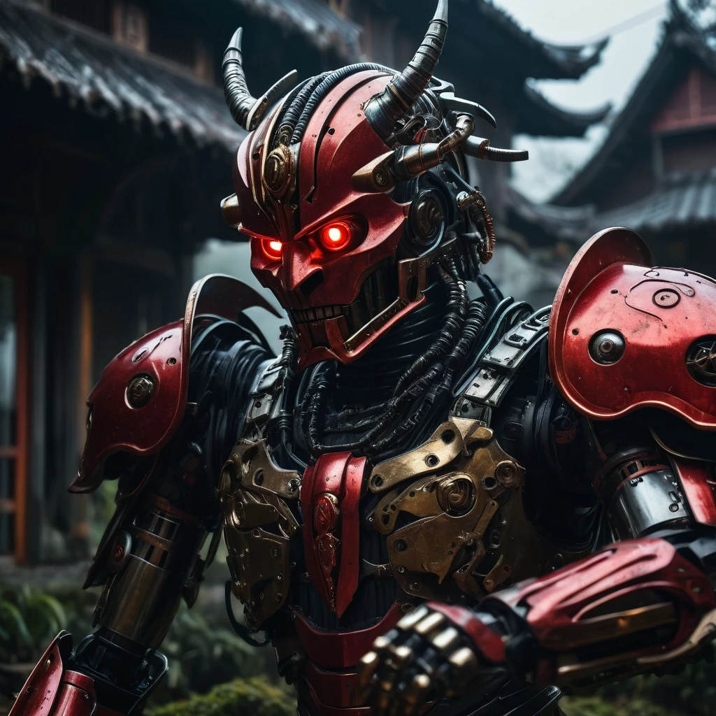 analog photo, hyper realistic, inspired by Beksinski, shot on Canon EOS 1D X Mark III, masterpiece, Equatorial Guinea Samurai cyborg robotic demon warrior, samurai cyberpunk armor, dynamic action pose,  built of metal red gilded armor, intrincate details, in  old village scene, biomechanical, mechanical parts, chiaroscuro ,  hyper realistic
biomechanoid organic structures, aesthetic portrait, Fantasy Dream Art, Shadow play, light, mist, moody,  mysterious, glossy hair, earthy, vivid,  cinematic, Film light, Hyper detailed, Hyper realistic, masterpiece, atmospheric, High resolution, Vibrant, High contrast, dark angle,  8k, HDR, 500px
