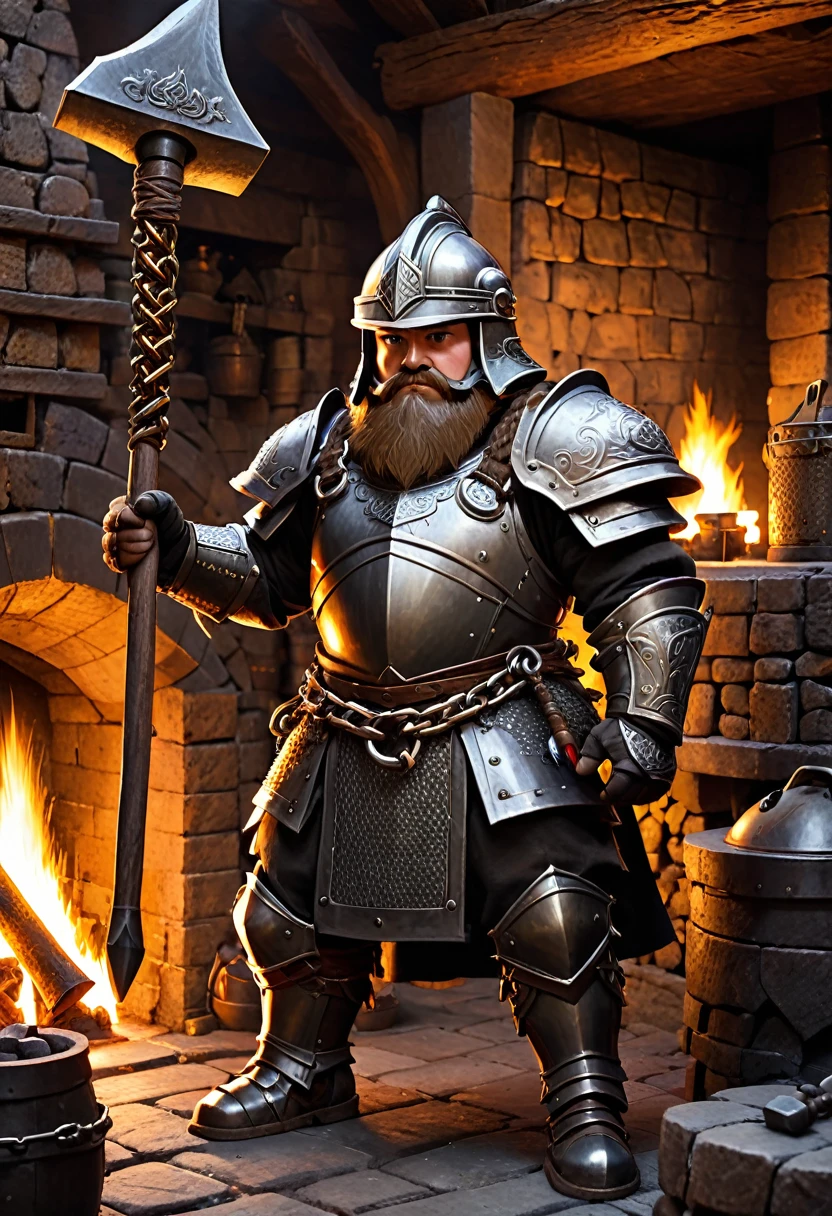 dwarf with heavy chain armor. he is holding a hammer. he is standing in a forge with a fireplace. he wears a helmet with a small drgaon figure on top of it