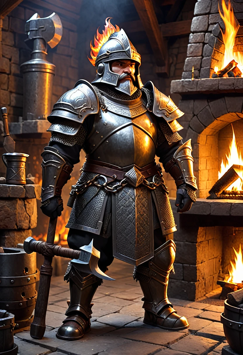 dwarf with heavy chain armor. he is holding a hammer. he is standing in a forge with a fireplace. he wears a helmet with a small drgaon figure on top of it