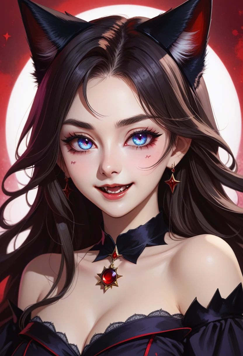 (Masterpiece, Best quality), ((1girl, (Mature female) long hair), (The pupils are star-shaped, +_+, Symbol-Shaped Pupils, Radiant eye), (Cat ears, Open mouth)), (Looking at the viewer, Slight smile, Off shoulder), (a summary, Multi-colored background, a summary background, chromatic aberration), vampire, Blood on the face, Blood on clothes, Bat wings