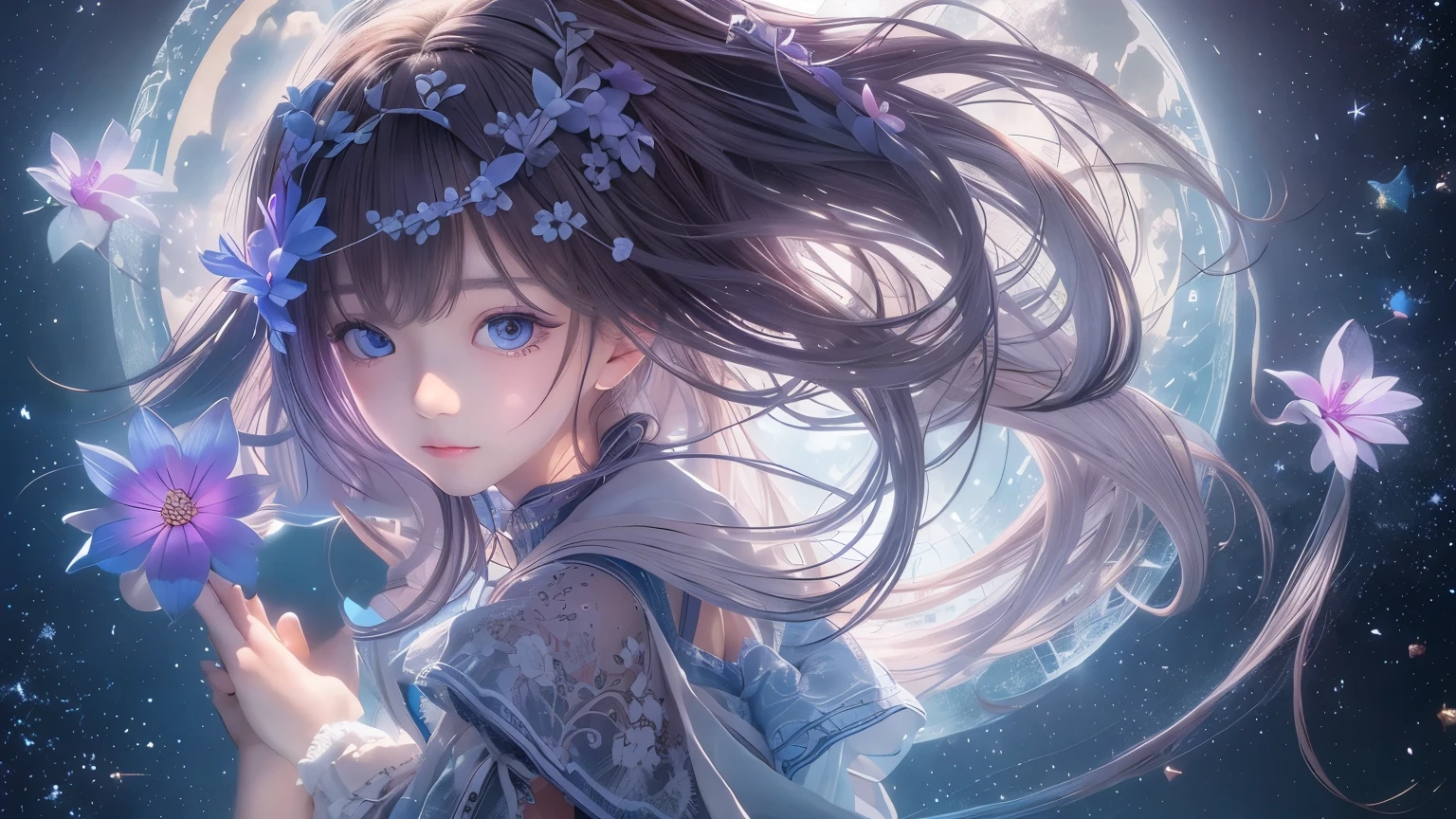 Anime girl with flowers in her hair and a moon in the background ...
