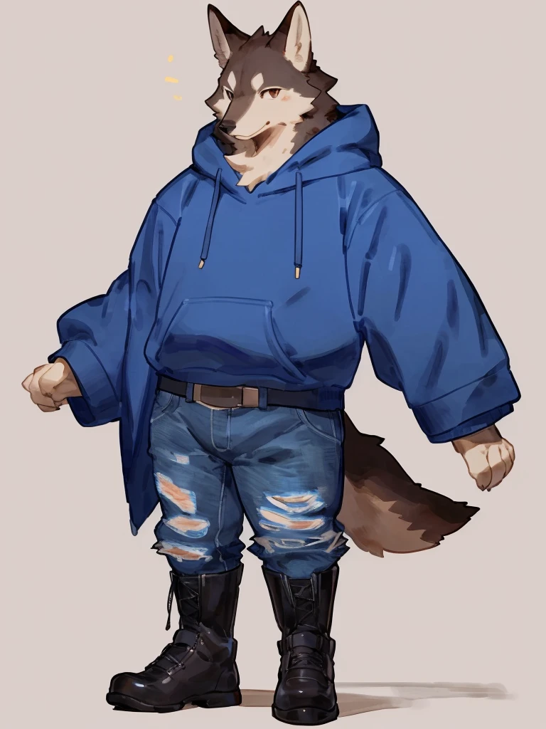 ((Best quality, masterpiece, detailed anatomy, detailed eyes, detailed hands, perfect lighting, perfect shading)), by Buta99, by Bebebebebe, 1male, Wolf, brown furs, tight body, dark brown eyes, skinny chub body, young body, large sleeves blue hoodie, ripped jeans pants, black boots, at the white background