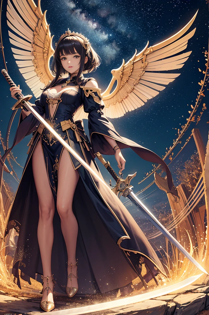 (masterpiece, best quality:1.3),Very detailed, complex, 8K, HDR, wallpaper, light, (universe),(Holding a sword:1.3), Luminescence, Luminescence eyes, Mecha, Big Wings,    