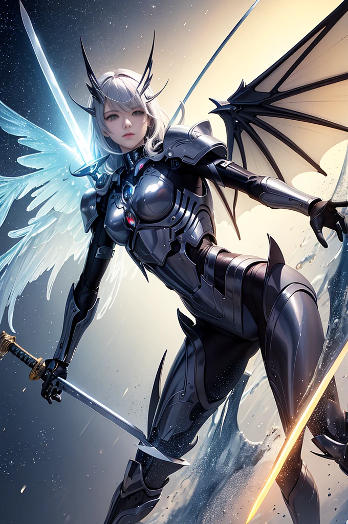 (masterpiece, best quality:1.3),Very detailed, complex, 8K, HDR, wallpaper, light, (universe),(Holding a sword:1.3), Luminescence, Luminescence eyes, Mecha, Big Wings,    
