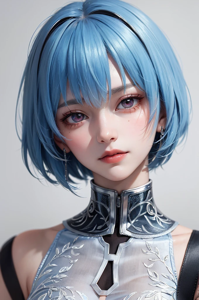 Masterpiece, Best Quality, 8K, Detailed Skin Texture, Detailed Cloth Texture, Beautiful Detail Face, Intricate Detail, Ultra Detailed, Portrait of Rei Ayanami, Blue Hair, Red Eyes, Head Tilt, No Background