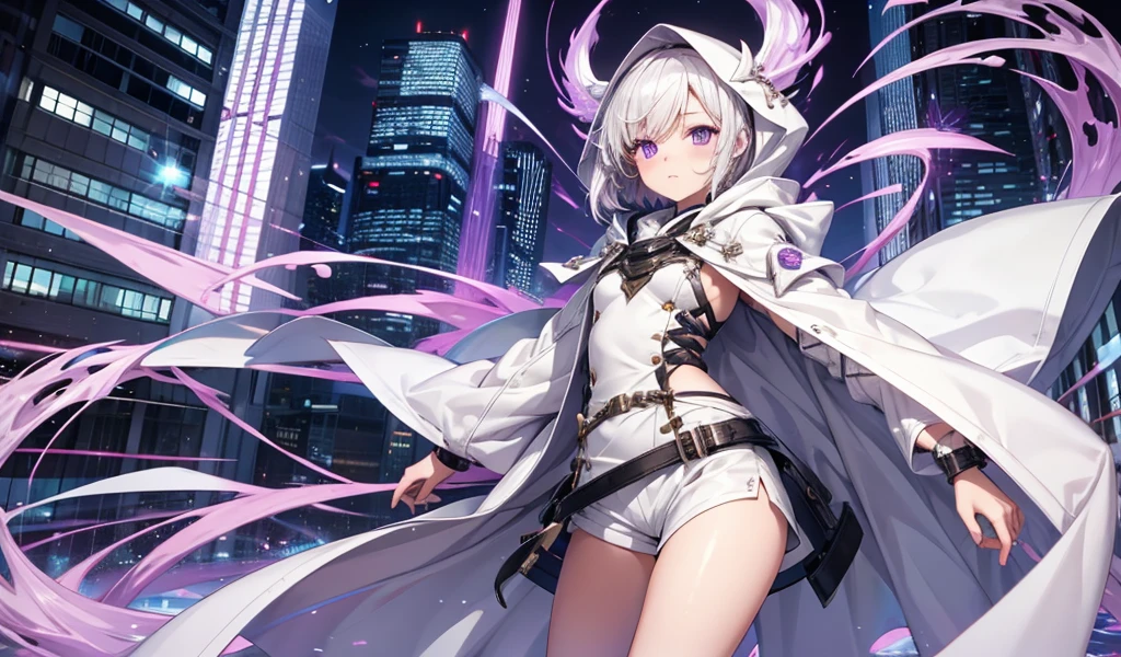 Girl with white short hair and double braids，Purple Eyes，hood，White robe，small shorts，Bare Legs，City