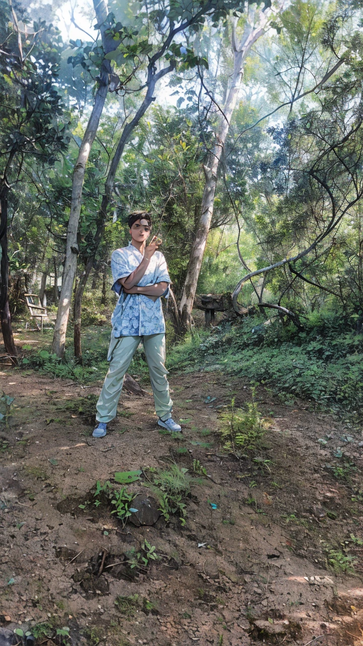(in 8K、top-quality、masterpiece:1.2)、1 boy、short-haired、Hair short、Brown-skinned、Green View、