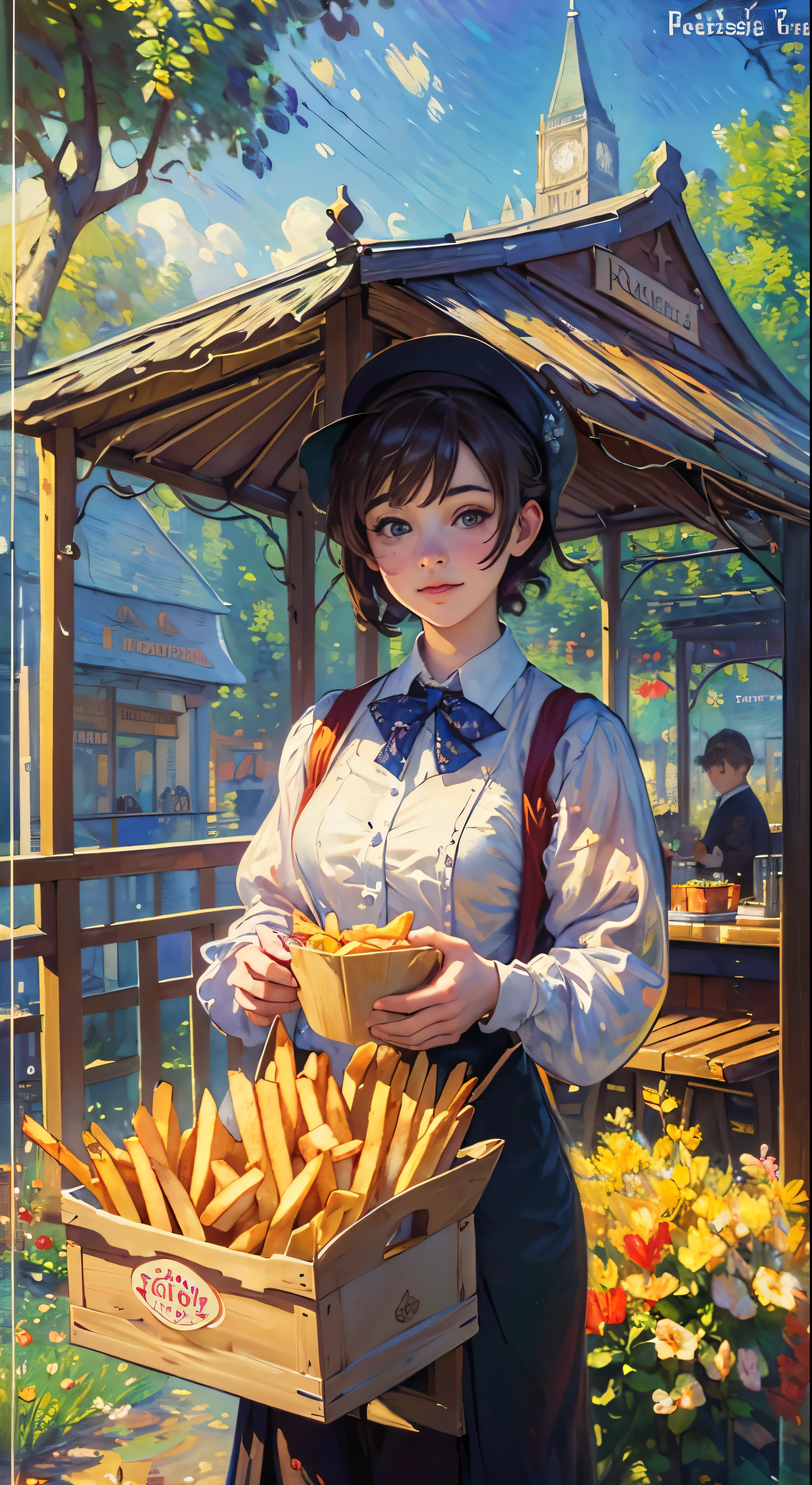 [(transparent background: 1.5)::5],(((masterpiece))),(((best quality))),(((extremely detailed))),illustration, mysterious,vivid color, shiny , (impressionism: 1.4), Pret A Manger, French Fries, Family Barrel, Fish and Chips, (snack bar), (food stand), london, harry potter, Harry Potter, wizarding world, eatery, cuisine, food service, typography, type design, magical style, mystical font, 