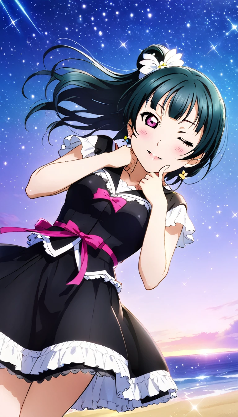 Create an illustration of Yoshiko Tsushima from "Love Live! Sunshine!!". She is on a beach at night with a beautiful starry sky. Her eyes are closed, and she is lifting her face while her hair is gently swaying in the wind.Right bun hairstyle、Black and pretty clothes