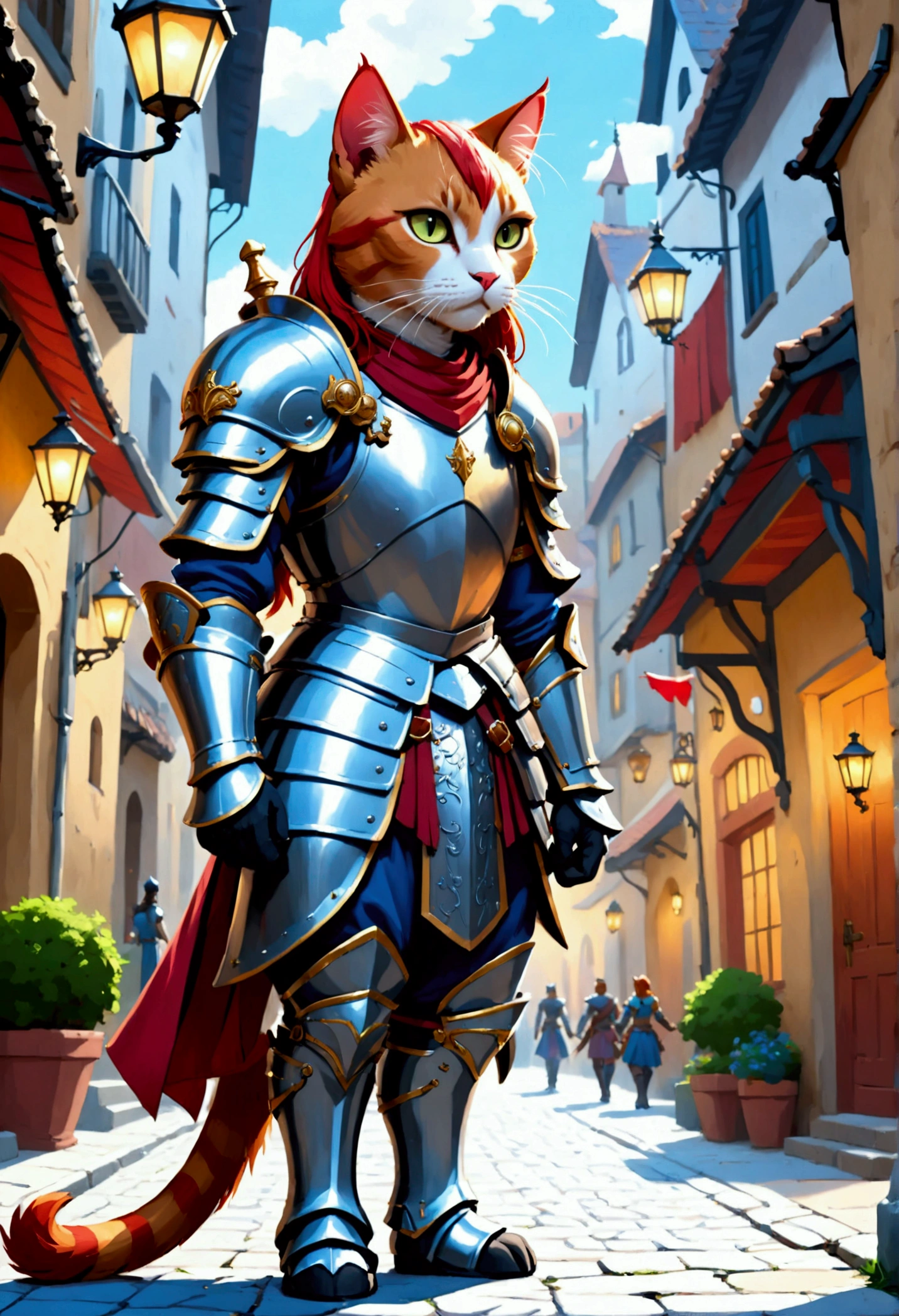 arafed a  ((huge sized cat: 1.3))  near a human knight walking in  fantasy street, a ((cat big as a horse)), the cat is wearing armor ready for battle, dynamic color cat BREAK a human knight, full body, ((anatomically correct: 1.5)  walking near him, female knight, red hair, long hair, hair in a pony tail, wearing knight's armor, decorated armor,  high heeled boots,  Hyperrealism style, vibrant, Ultra-high resolution, High Contrast, (masterpiece:1.5), highest quality, Best aesthetics), best details, best quality, highres, ultra wide angle, 16k, [ultra detailed], masterpiece, best quality, (extremely detailed) RAW, ArmoredDress