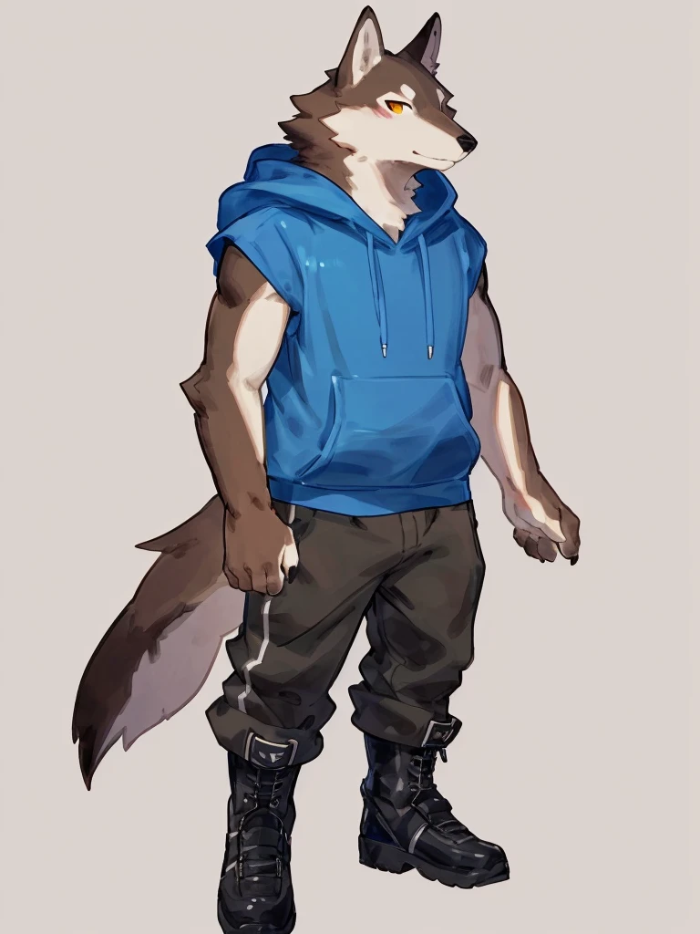 ((Best quality, masterpiece, detailed anatomy, detailed eyes, detailed hands, perfect lighting, perfect shading, no color, sketch)), by Buta99, by Bebebebebe, 1male, Wolf, furs, tight body, eyes, skinny chub body, young body, sleeveless hoodie, pants, boots, at the white background 