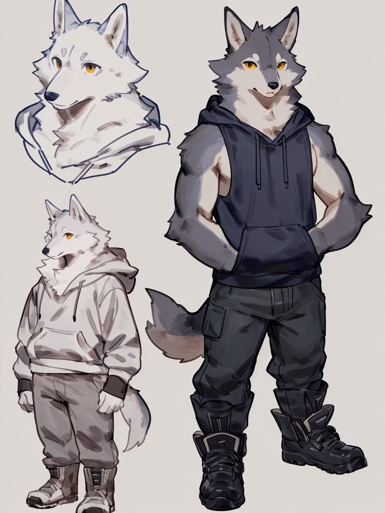 ((Best quality, masterpiece, detailed anatomy, detailed eyes, detailed hands, perfect lighting, perfect shading, no color, sketch)), by Buta99, by Bebebebebe, 1male, Wolf, furs, tight body, eyes, skinny chub body, young body, sleeveless hoodie, pants, boots, at the white background