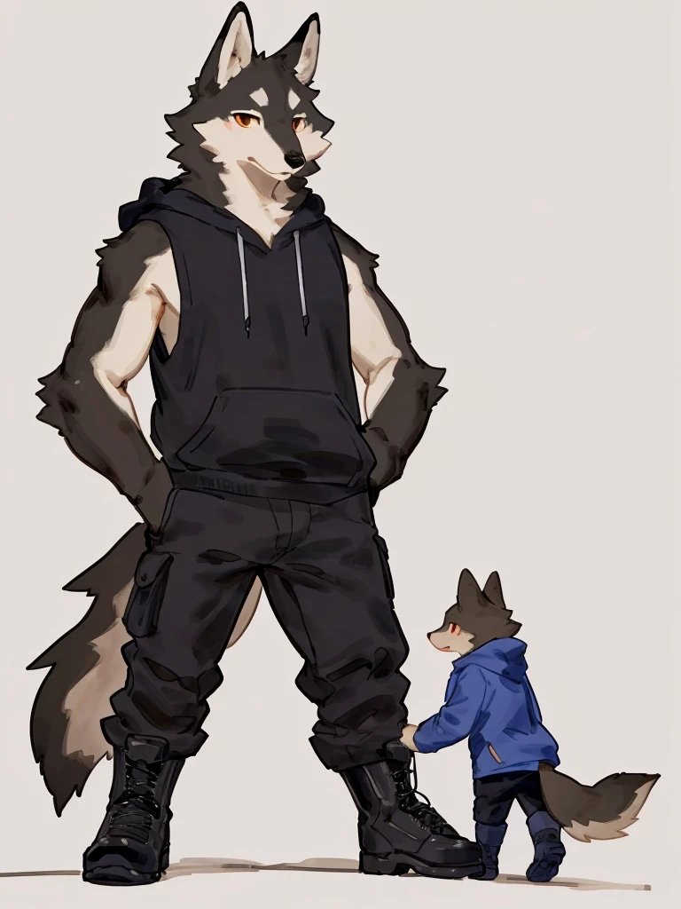 ((Best quality, masterpiece, detailed anatomy, detailed eyes, detailed hands, perfect lighting, perfect shading, no color, sketch)), by Buta99, by Bebebebebe, 1male, Wolf, furs, tight body, eyes, skinny chub body, young body, sleeveless hoodie, pants, boots, at the white background