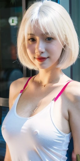 A beautiful white-haired girl with H-cup breasts wearing a tank top