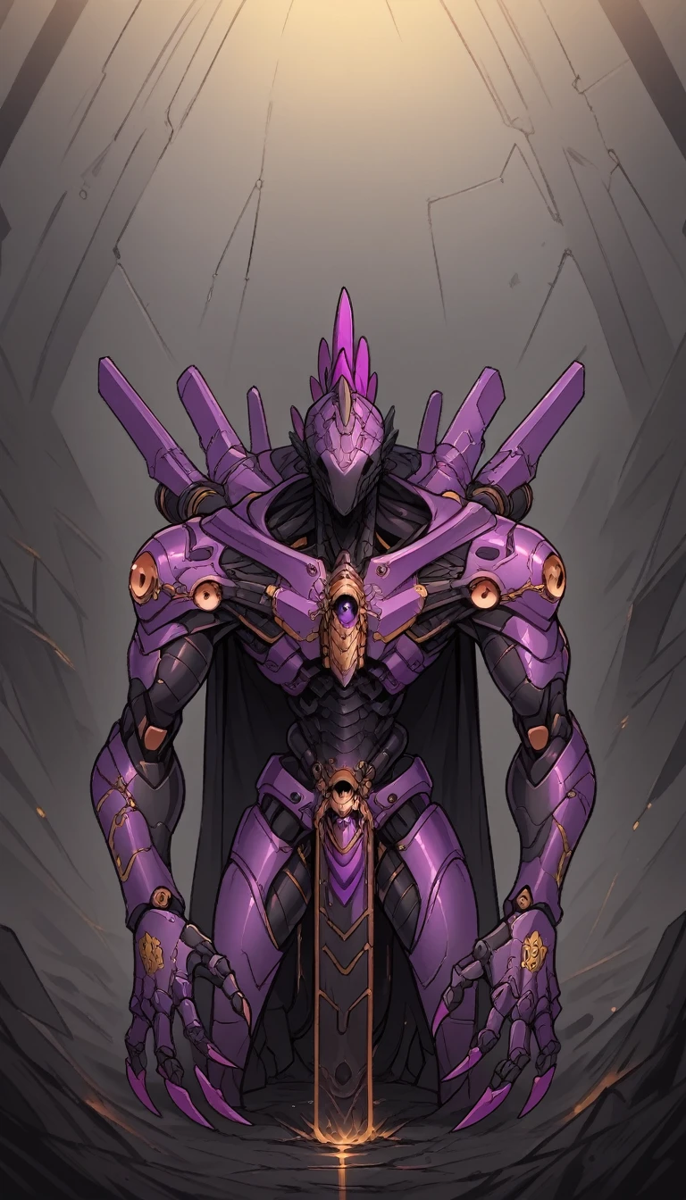 Dark fantatsy,black metal body,1 male,humanoid roobt,strange head,spike,claws,machine god,robot joints,neon trims,black armor,black gold scheme,( purple gold scheme),intricate,void,eyeless robot,no eyes,skinny,full armor,look at viewer,mechanical,armor skirt,black cloak
