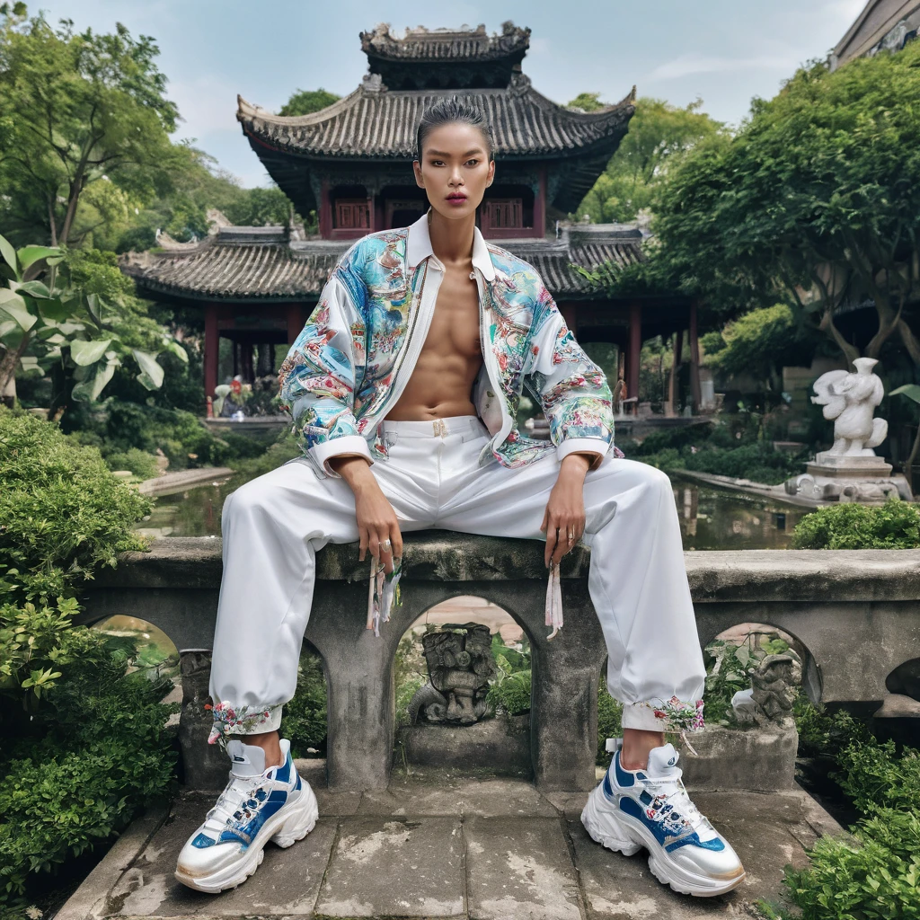 a tall top model wearing new chinese style sexy haute couture high fashion suzhou classic garden balenciaga chunky sneakers david lachapelle