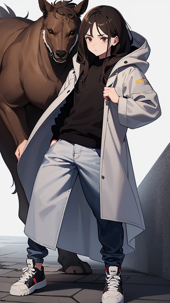 man, 20 years, full length, White background. Dark brown hair with gray. Brown eyes. Slightly hoarse voice. Facial expression is thoughtful or emotional. Black knee-length coat with hood, jeans, sneakers