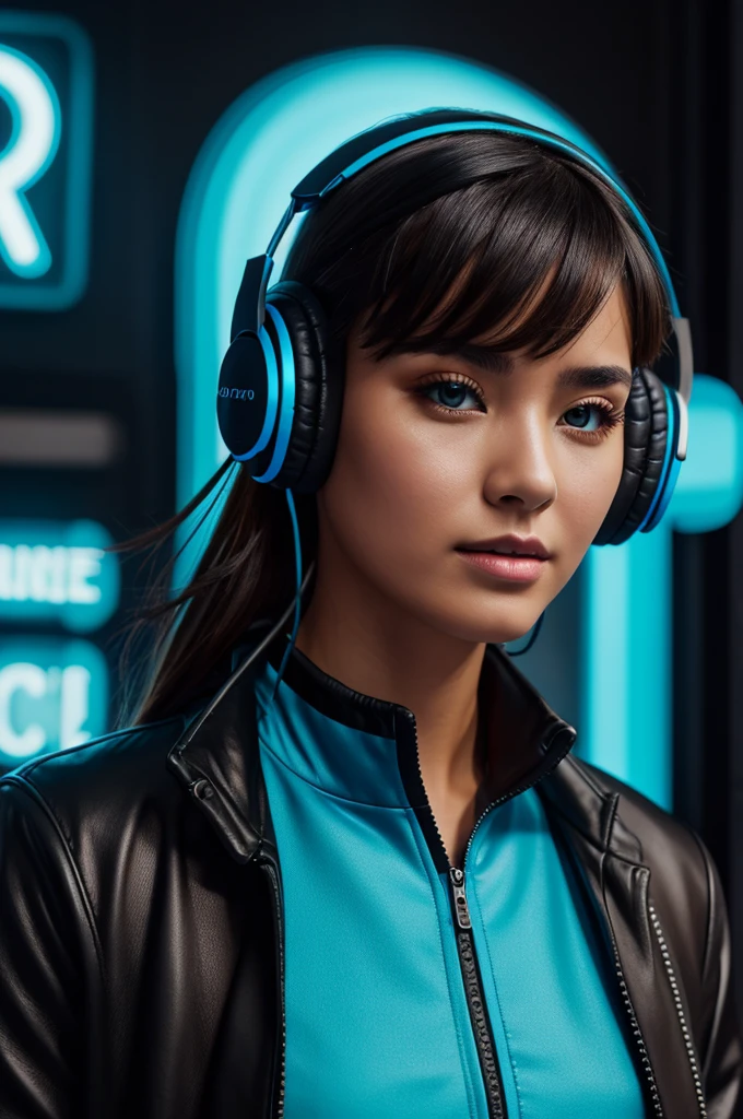 deluxe\) \(neon blue lane\),(4k), ( HD)  peeled black color, wireless headphones, black jacket, portrait, Brown eyes, revealing outfit