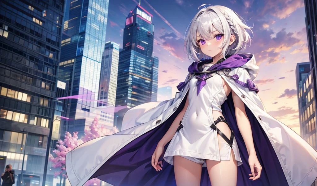 Girl with white short hair and double braids，Purple Eyes，hood，White mall shorts，Bare Legs，City