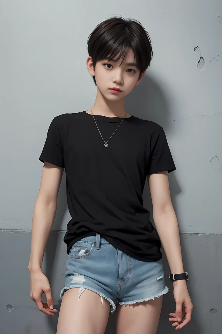 A cute boy, Looks about (short hair), Height about 140 cm, Very short shorts, Shorts bulging in the shape of a penis, flat chest like a boy, Slender body, The wall is a concrete wall, Black Hair, eyeball, Surrealism, Blurred, Cinema Lighting, Bokeh, Very detailed, Anatomically correct, Accurate, Awards, 16K 、The clothes are transparent、Short torso、Anatomically correct体のバランス